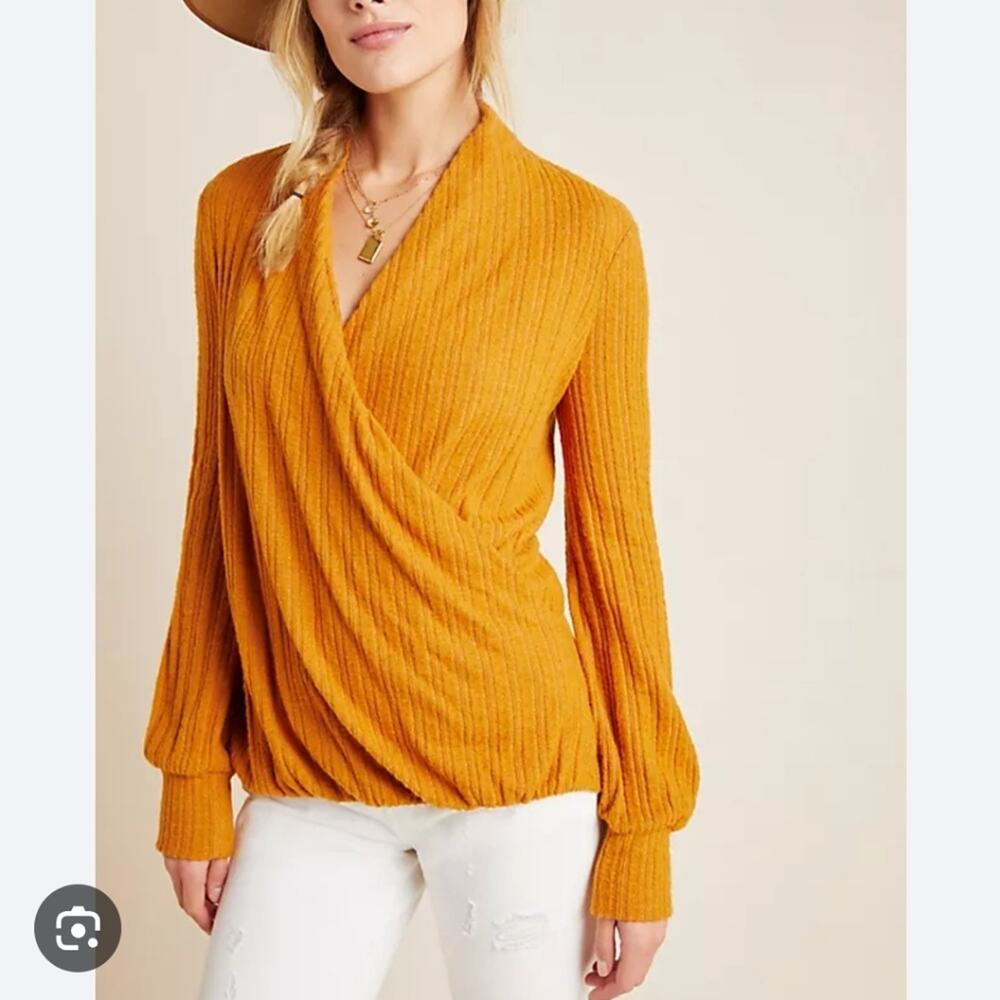 Maeve Anthropologie Rafela Hacci Surplice Top Mustard Yellow Size Medium